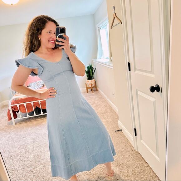 Sea New York Blue Denim Flutter Sleeve Maxi Dress 4 - Picture 1 of 12